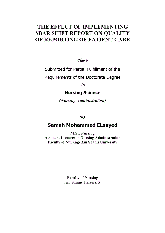 Author Elsayed Samah Mohammed Title The Effect Of Implementing Sbar Shift Report On Quality